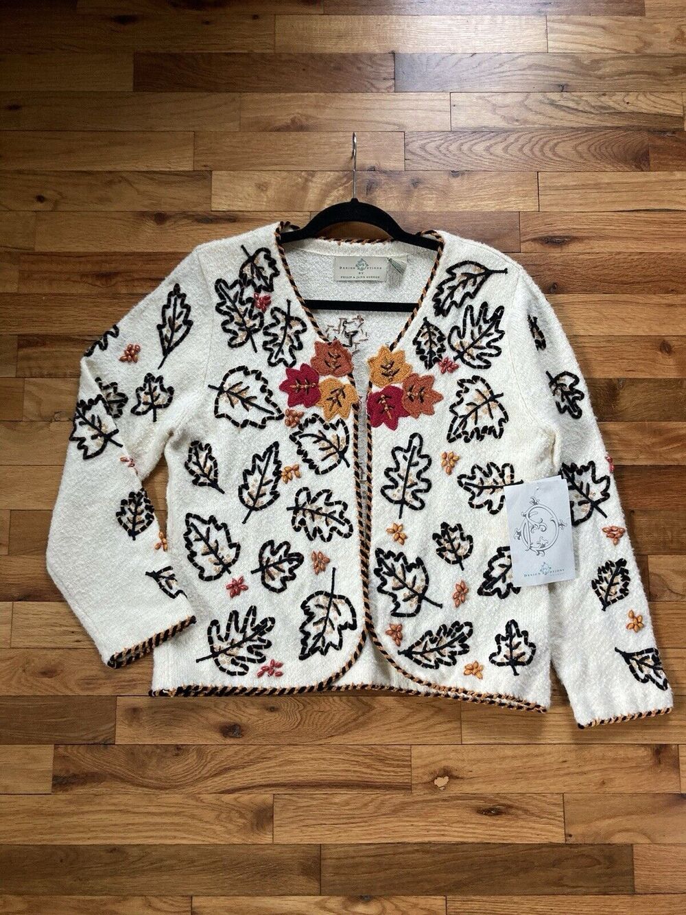 Design Options M L Philip Jane Gordon Fall Leaves Sweater Cardigan Thanksgiving